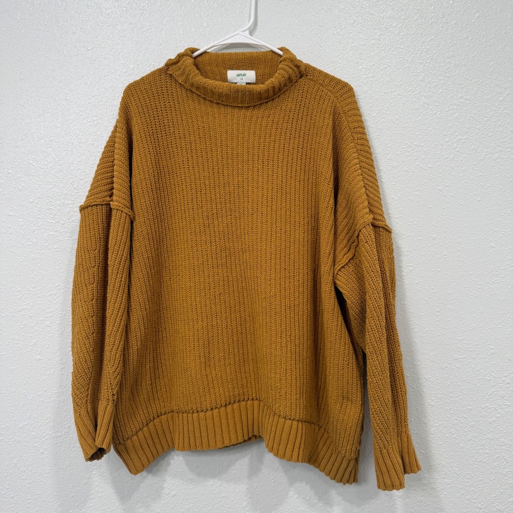 Aerie Mustard Yellow Chunky Knit Mock Neck Oversized Sweater Large